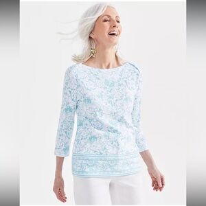 Style & Co Women's Printed Pima Cotton 3/4 Sleeve Top Size XL